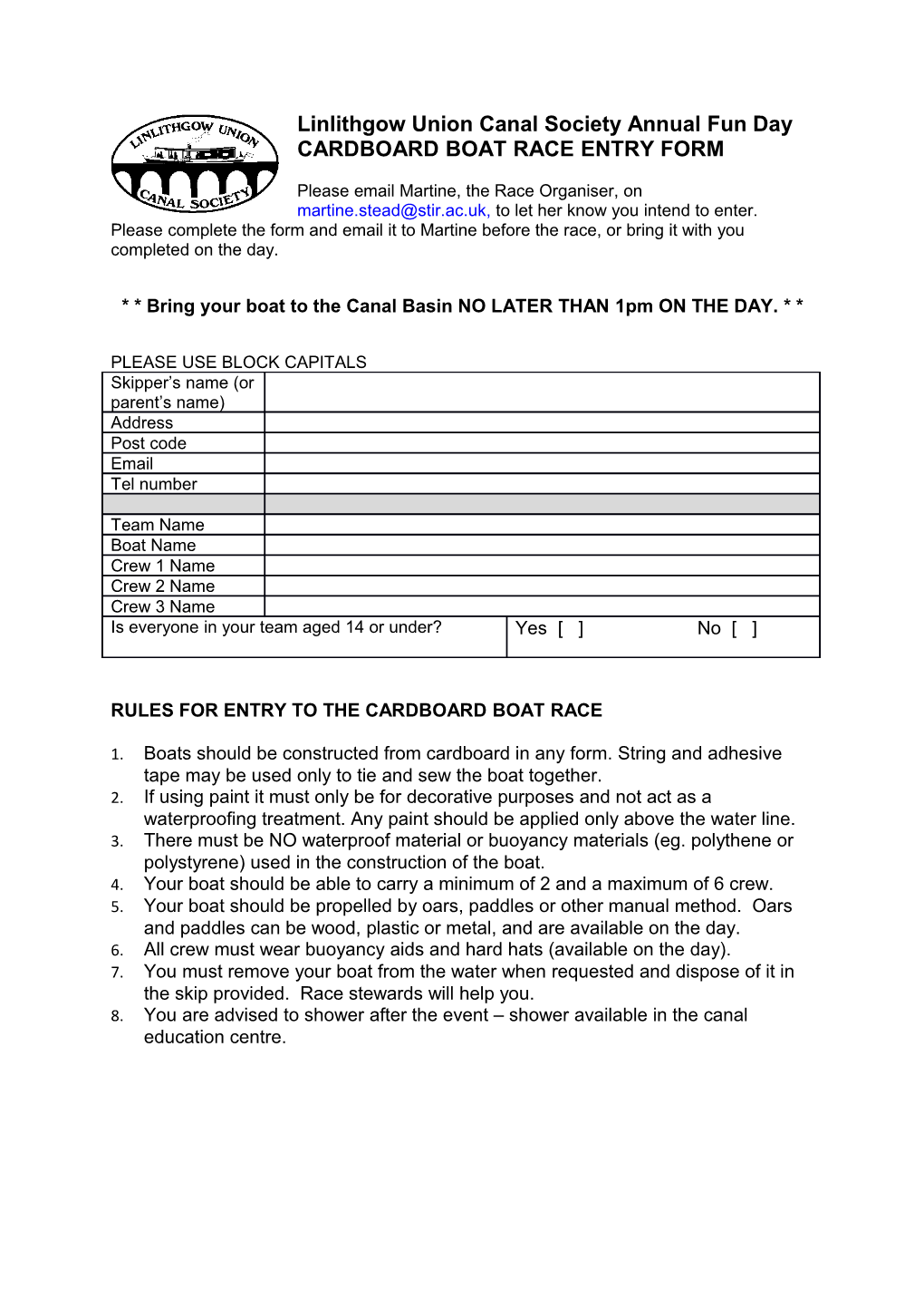 Cardboard Boat Race Entry Form