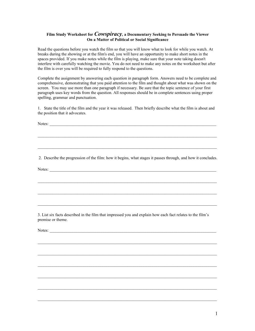 Film Study Worksheet for Cowspiracy, a Documentary Seeking to Persuade the Viewer