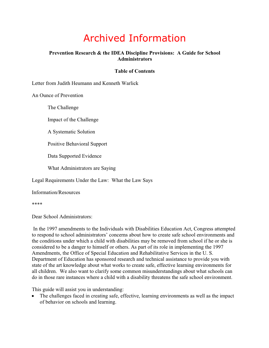 Archived: Prevention Research & the IDEA Discipline Provisions: a Guide for School