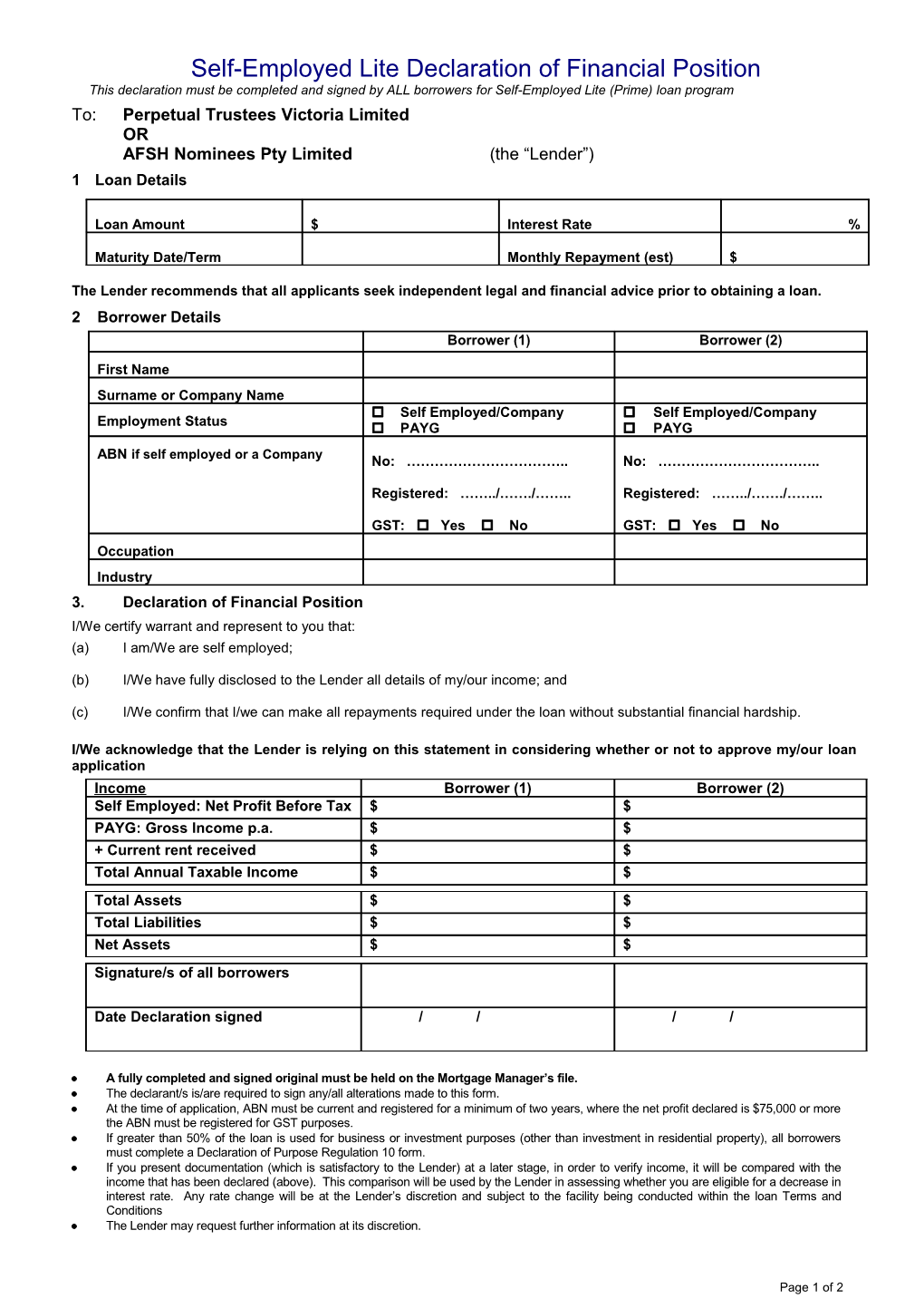 Declaration of Financial Position - Lodoc and Quik Doc - (AUS)