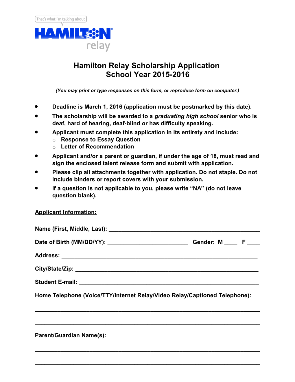 Hamilton Relay Scholarship