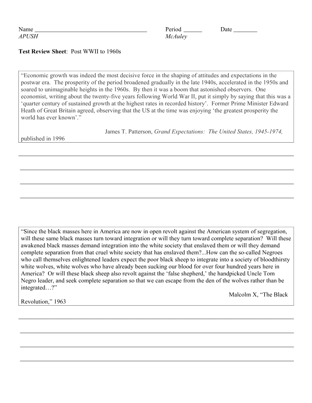 Test Review Sheet : Post WWII to 1960S