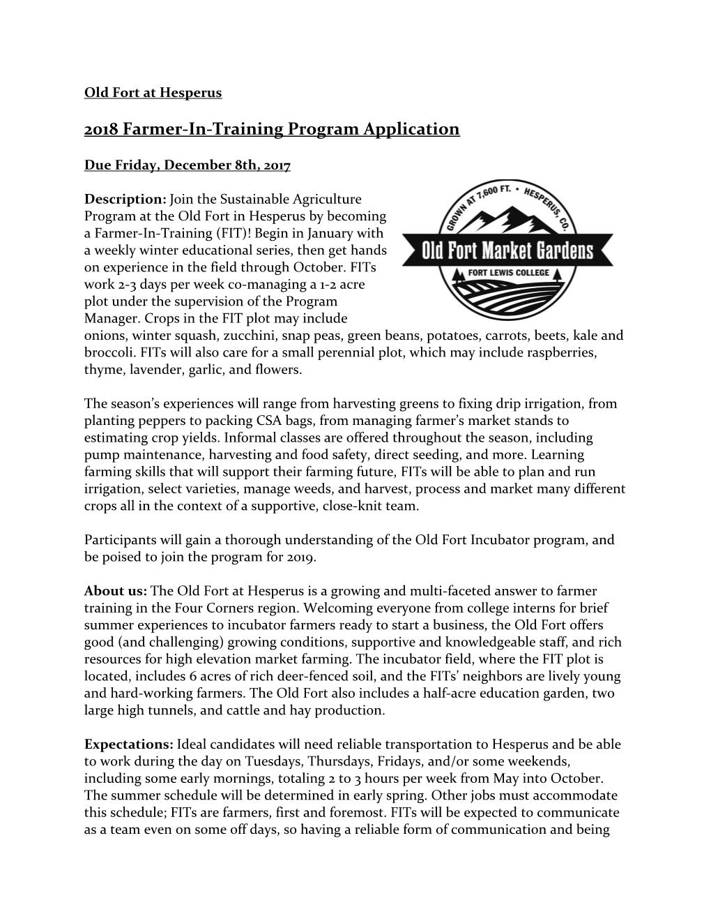 2018 Farmer-In-Training Program Application