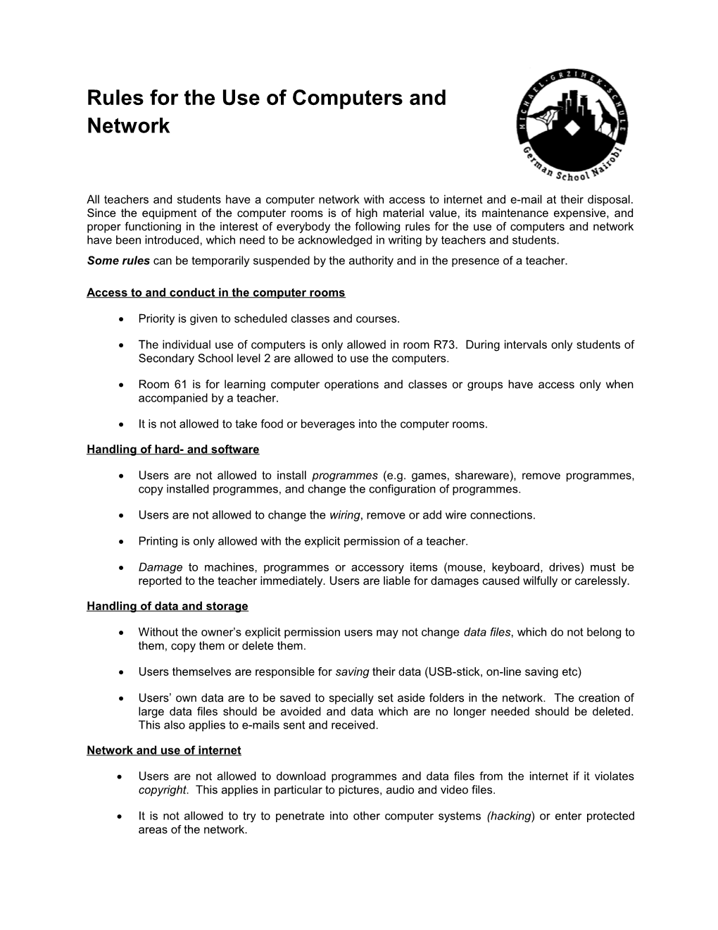 Rules for the Use of Computers and Network DSN