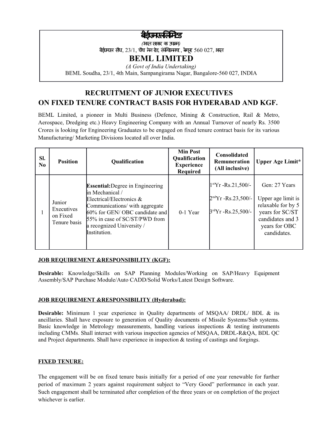 On Fixed Tenure Contract Basis for Hyderabad and Kgf