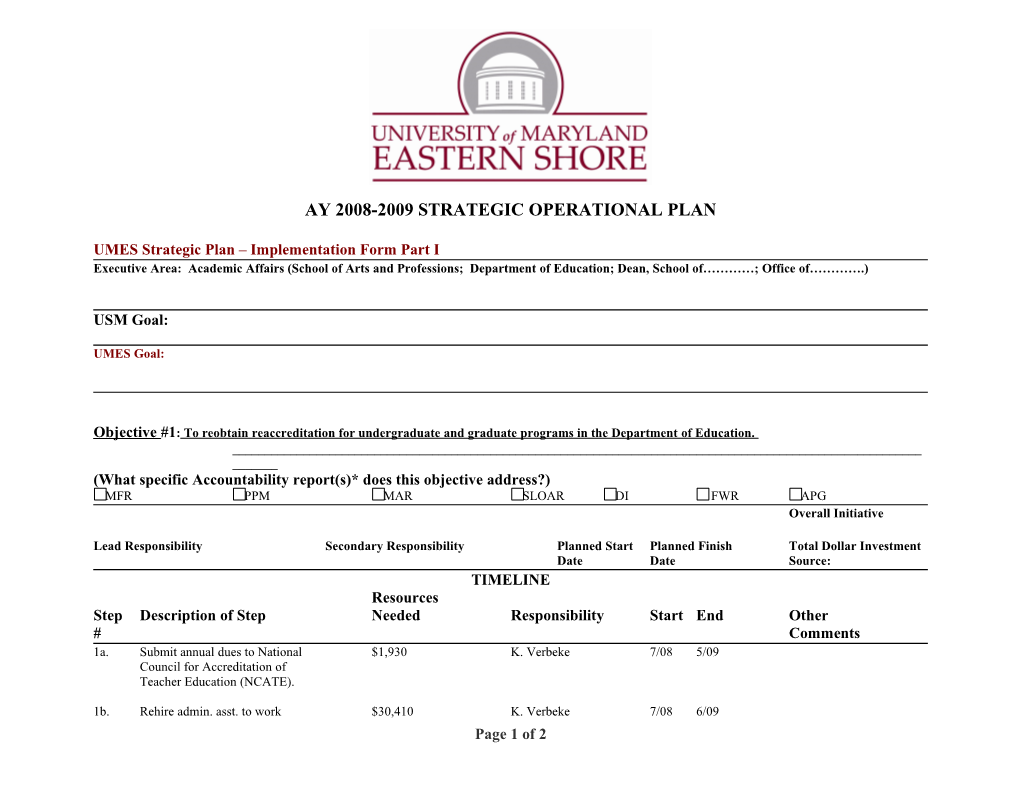 UMES Strategic Plan Implementation Form Part I