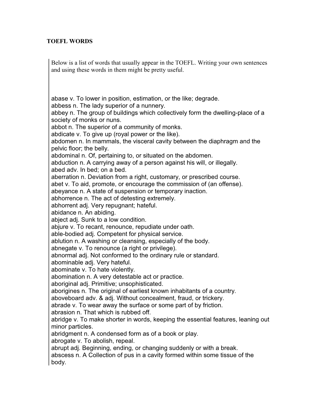 Below Is a List of Words That Usually Appear in the TOEFL. Writing Your Own Sentences And