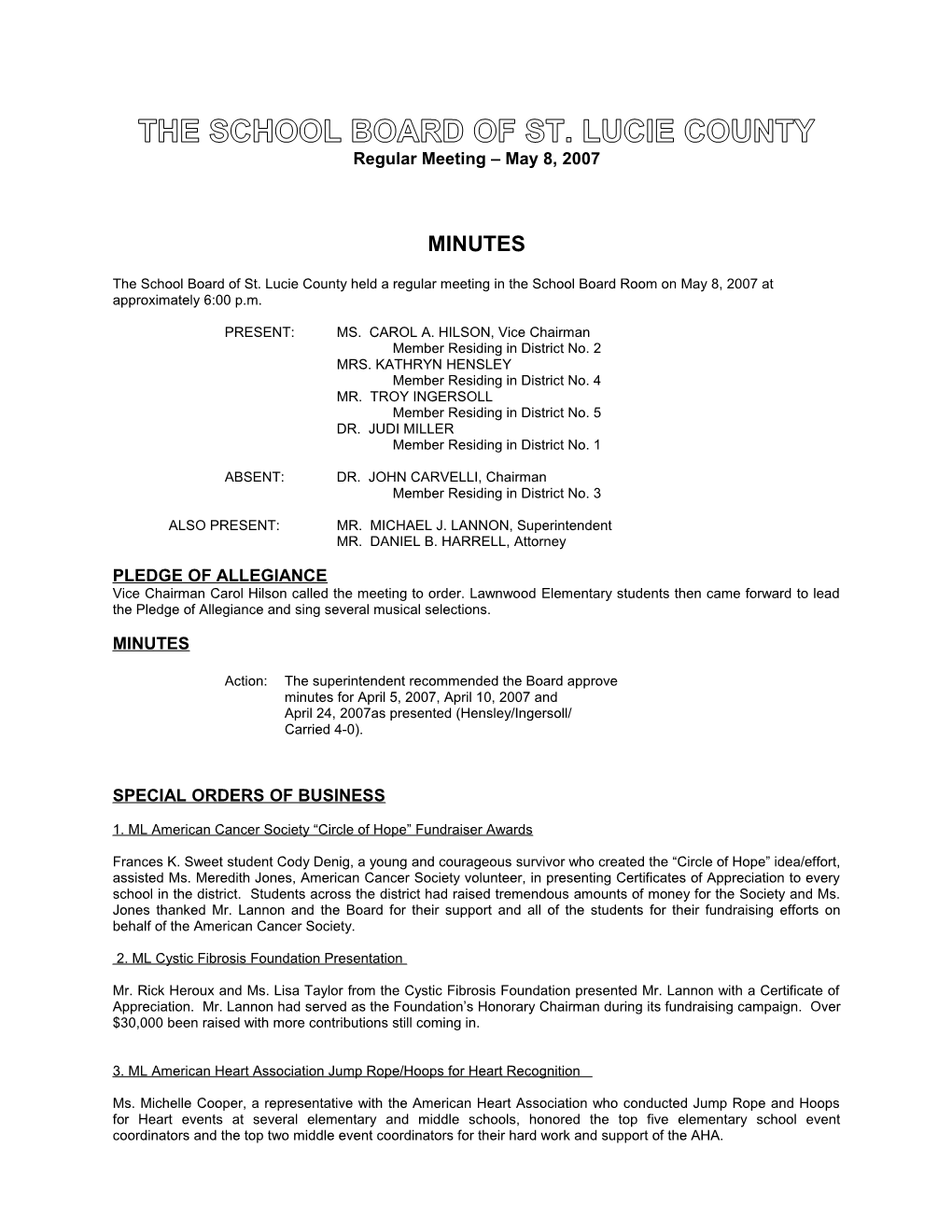 05-08-07 SLCSB Regular Meeting Minutes