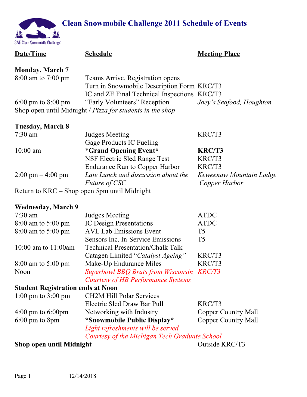 Clean Snowmobile Challenge 2006 Schedule of Events