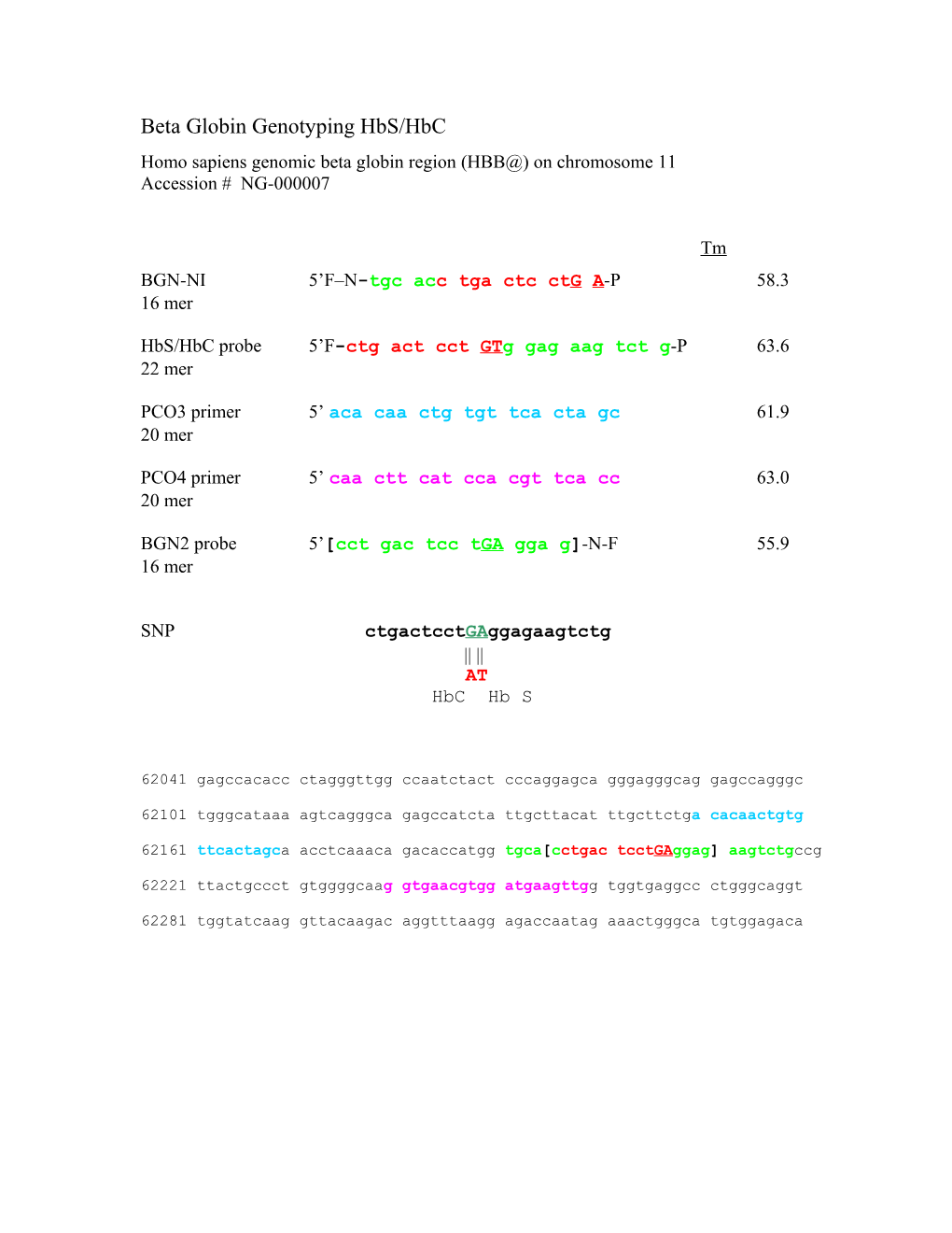 Beta Globin Genotyping Hbs/Hbc