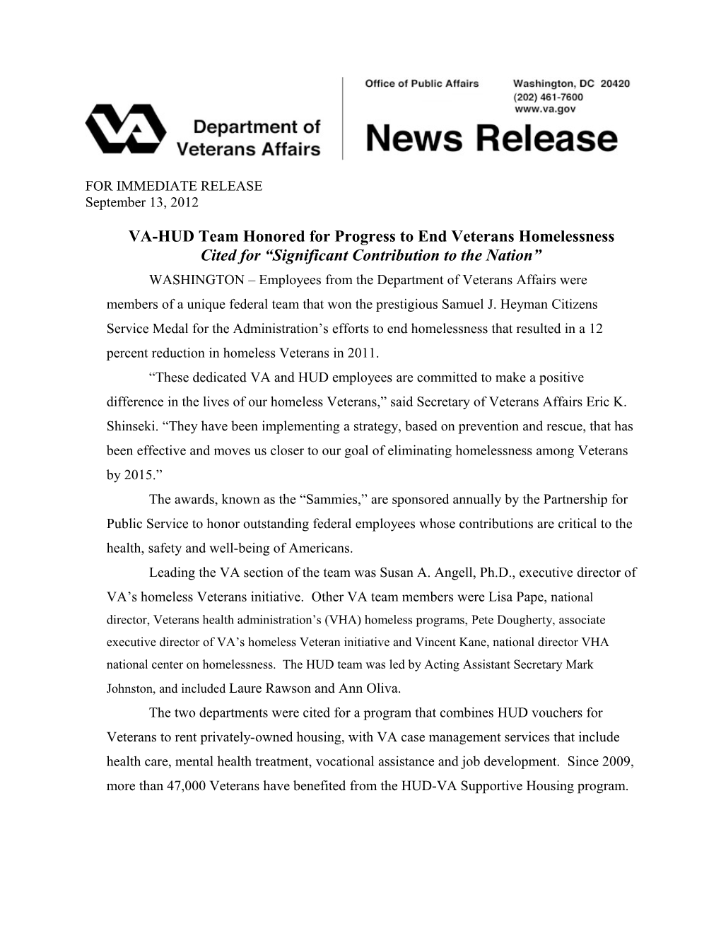 VA-HUD Team Honored for Progress to End Veterans Homelessness