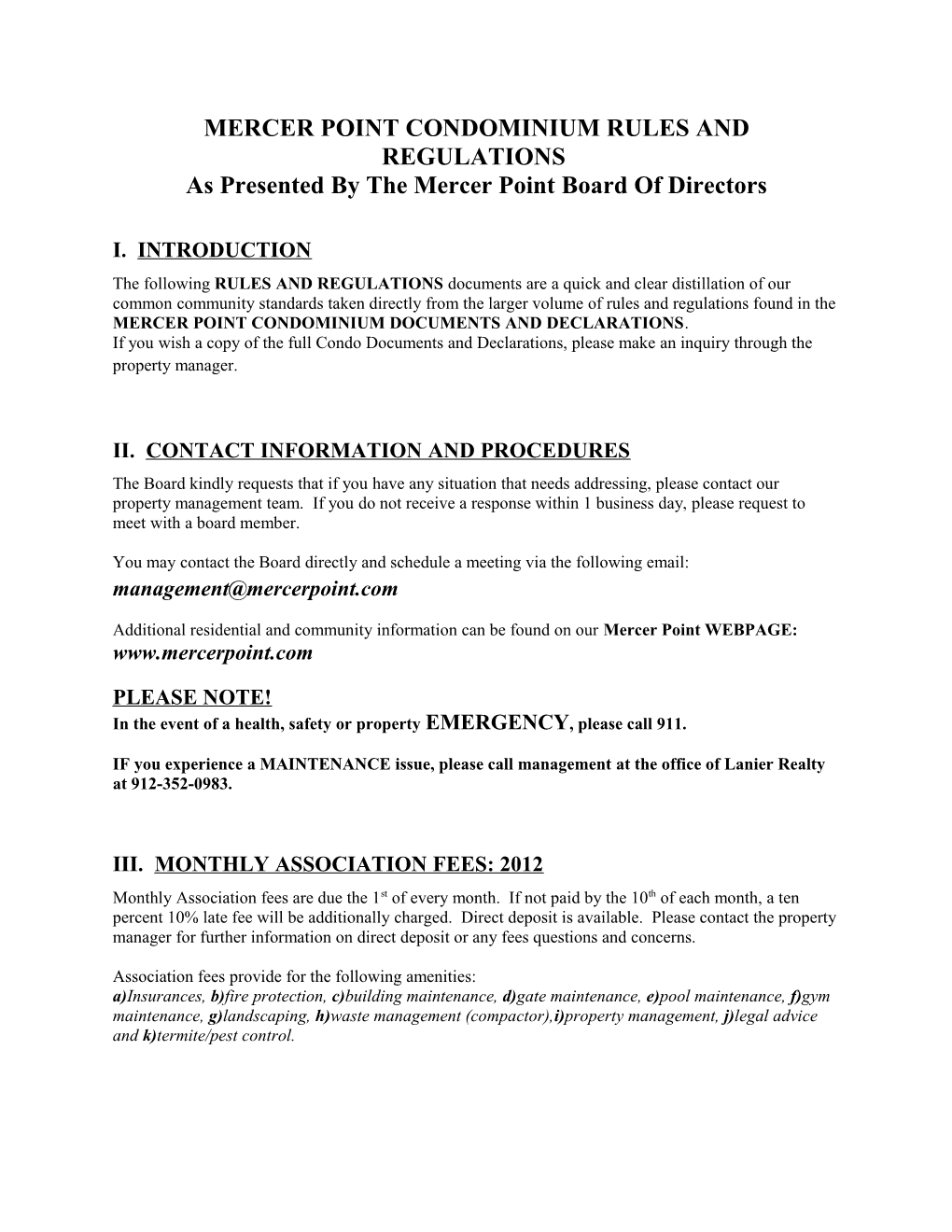 Mercer Point Condominium Rules and Regulations 2012