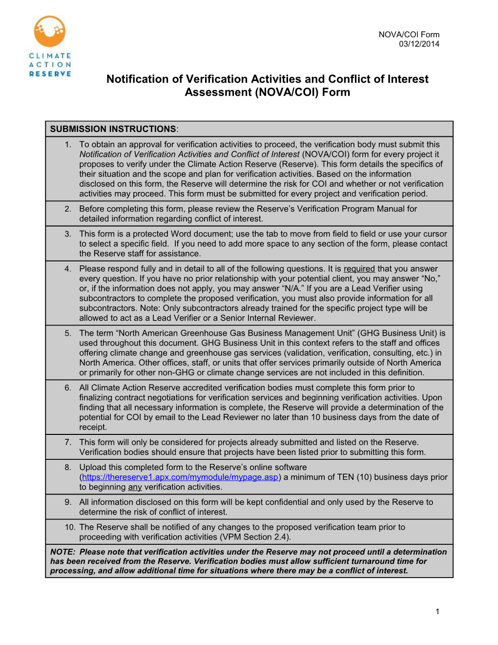 Notification of Verification Activities and Request for Evaluation of Potential for Conflict