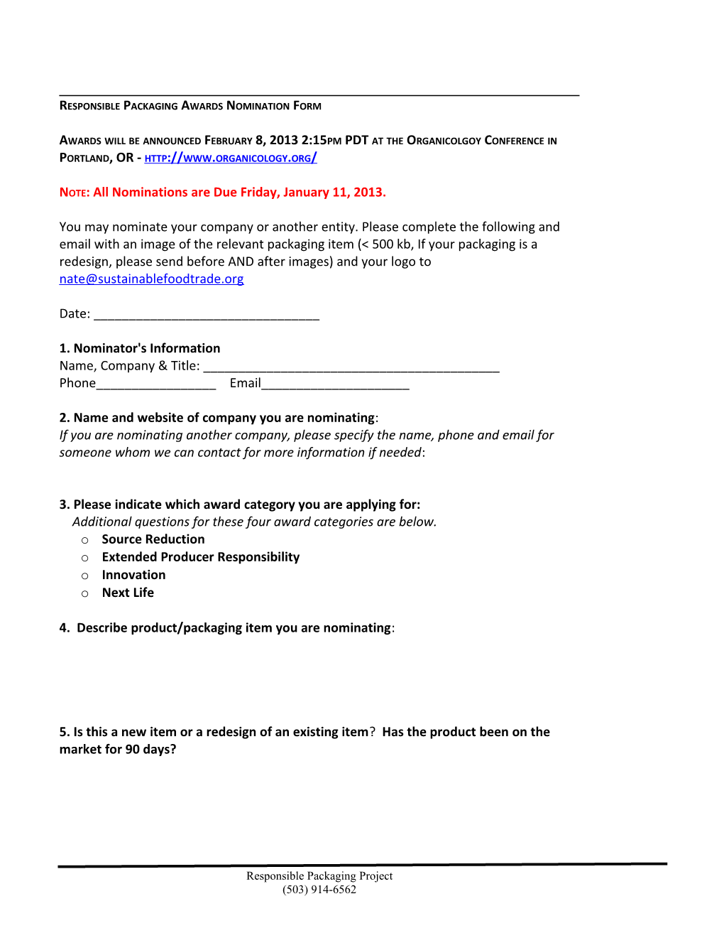 Responsible Packaging Awards Nomination Form