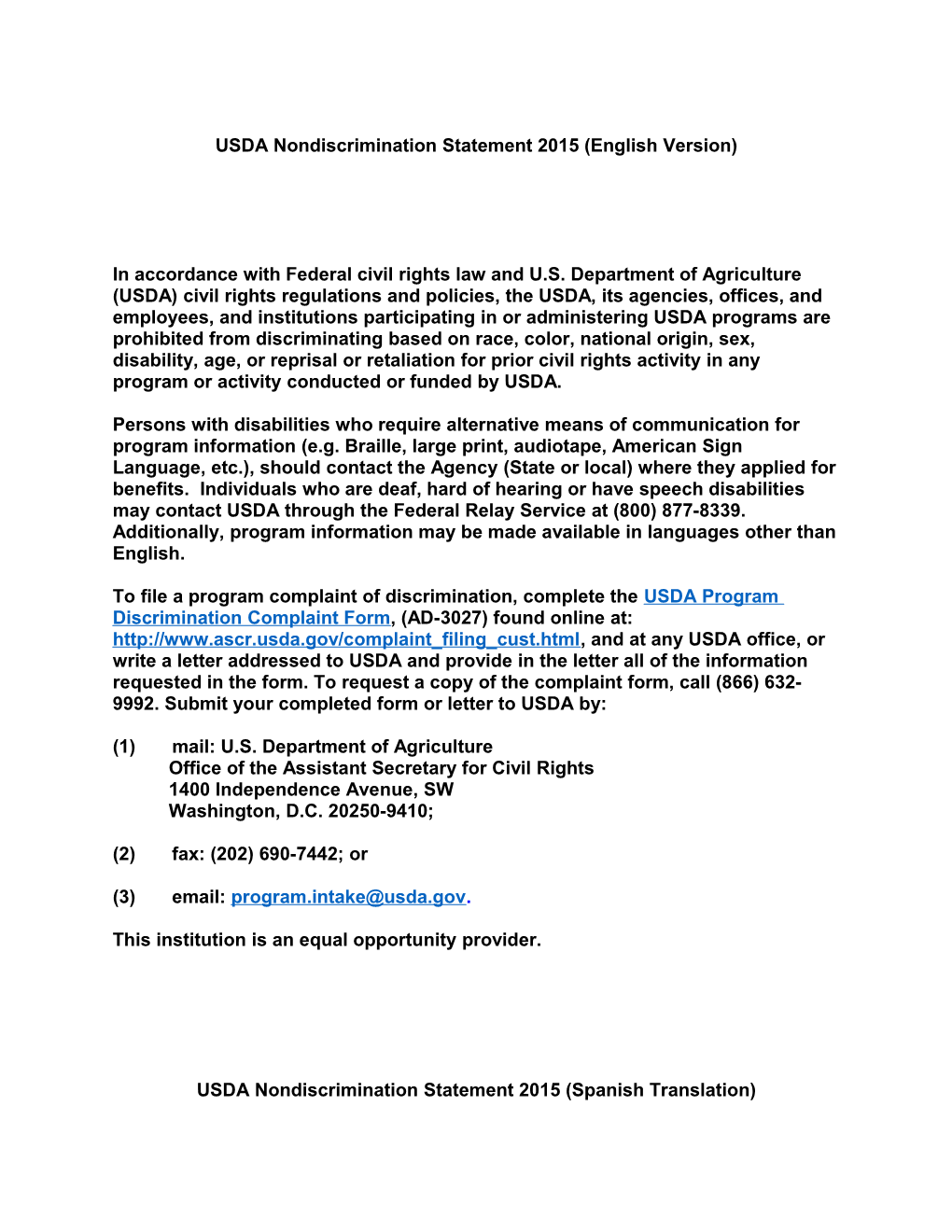 USDA Nondiscrimination Statement 2015 (English Version)