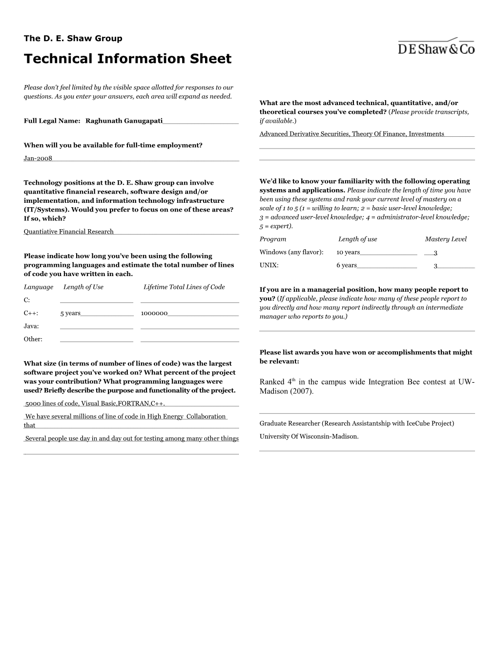 The D.E.Shaw Group Technical Information Sheet Page 1