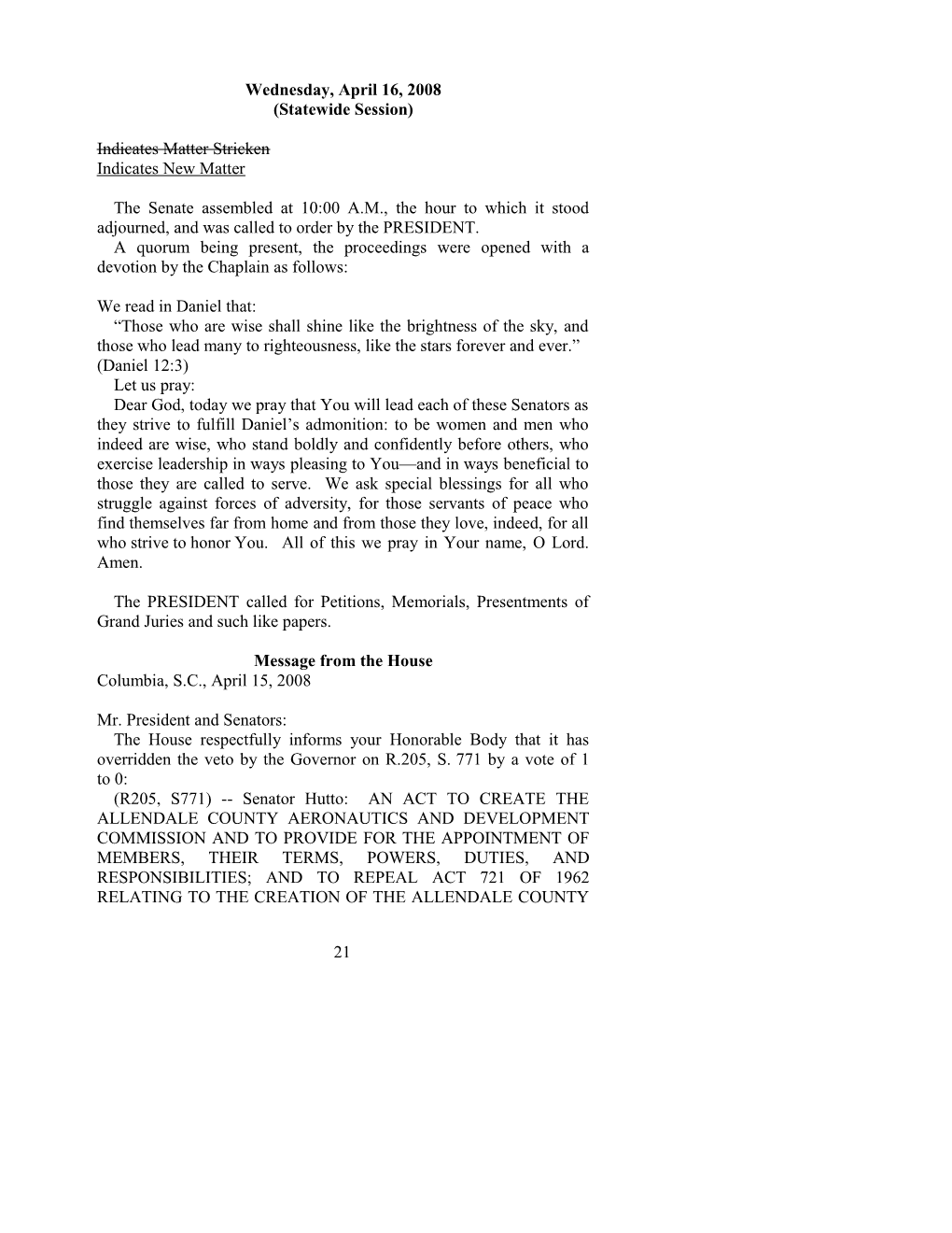 Senate Journal for Apr. 16, 2008 - South Carolina Legislature Online