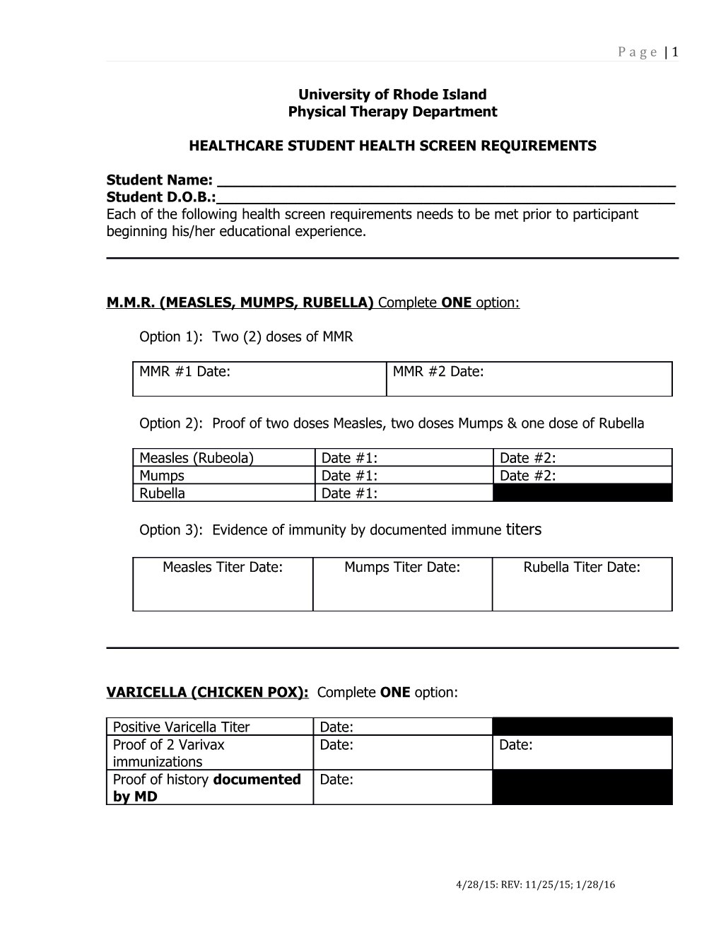 Healthcare Student Health Screen Requirements