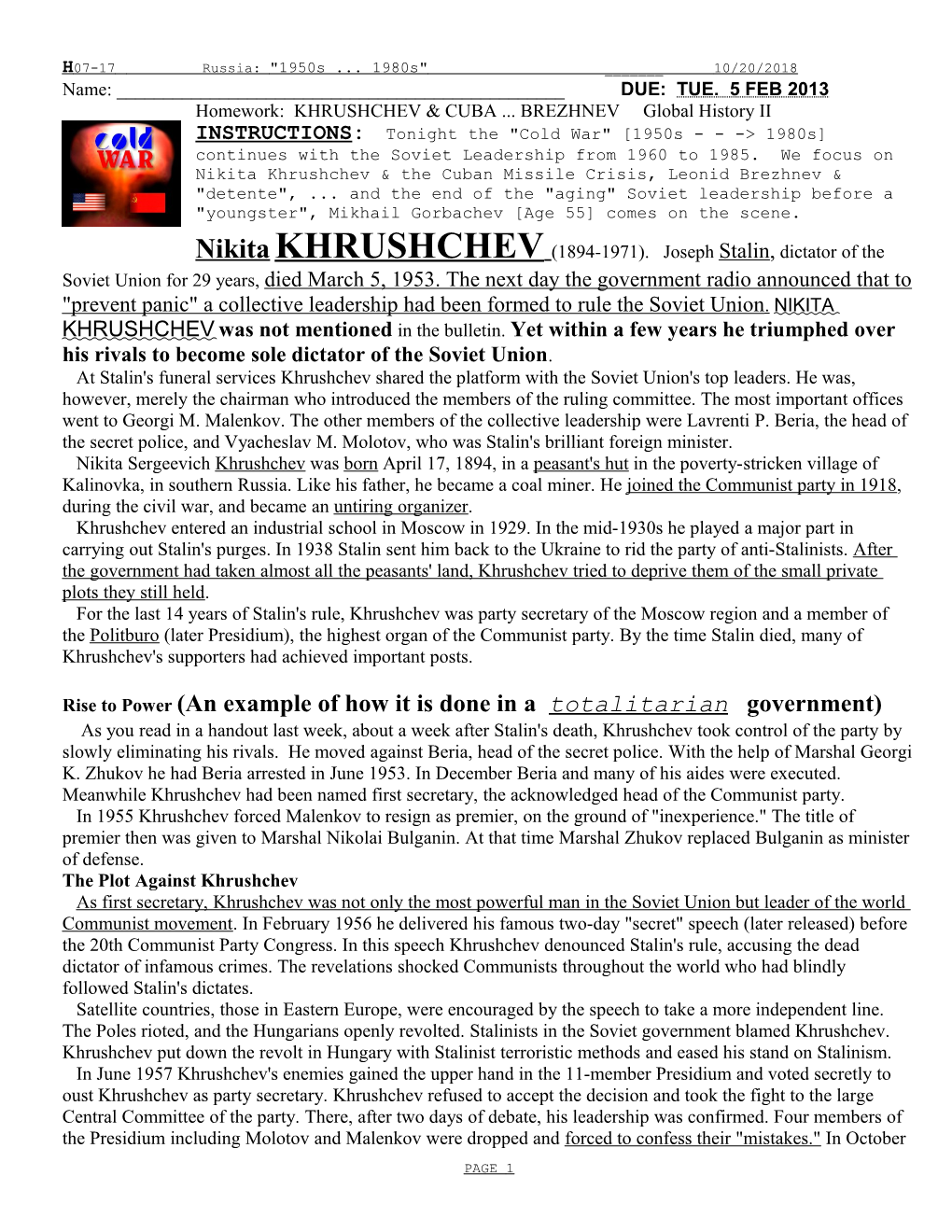 Khrushchev & the Cold War, the Arms Race & Leonid Breshnev & Detente