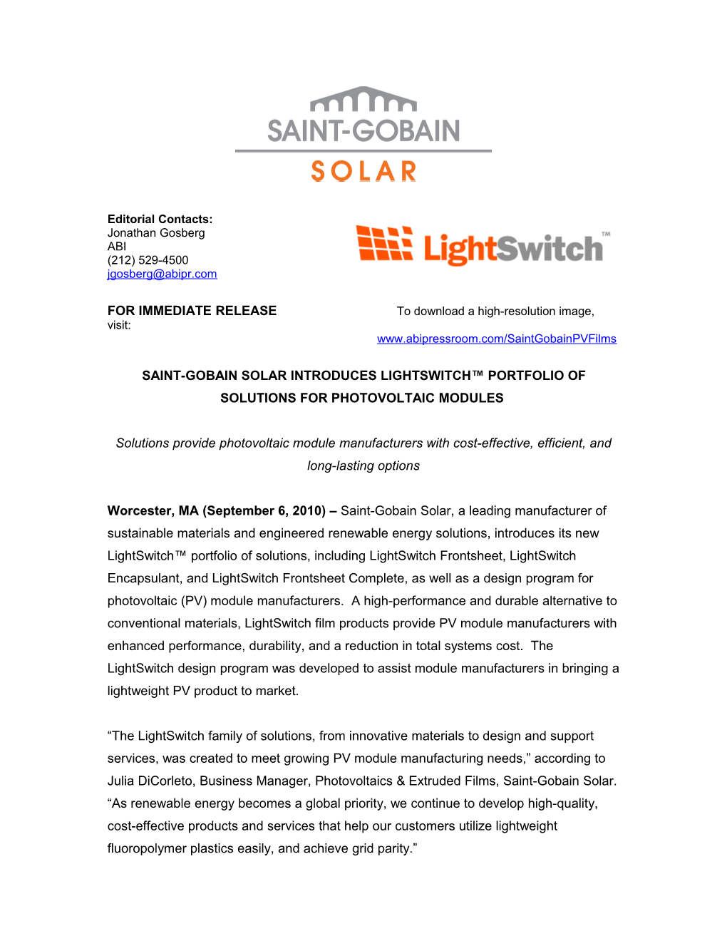 Saint-Gobain Solar Presents Cost Effective Solutions for Photovoltaic Modules