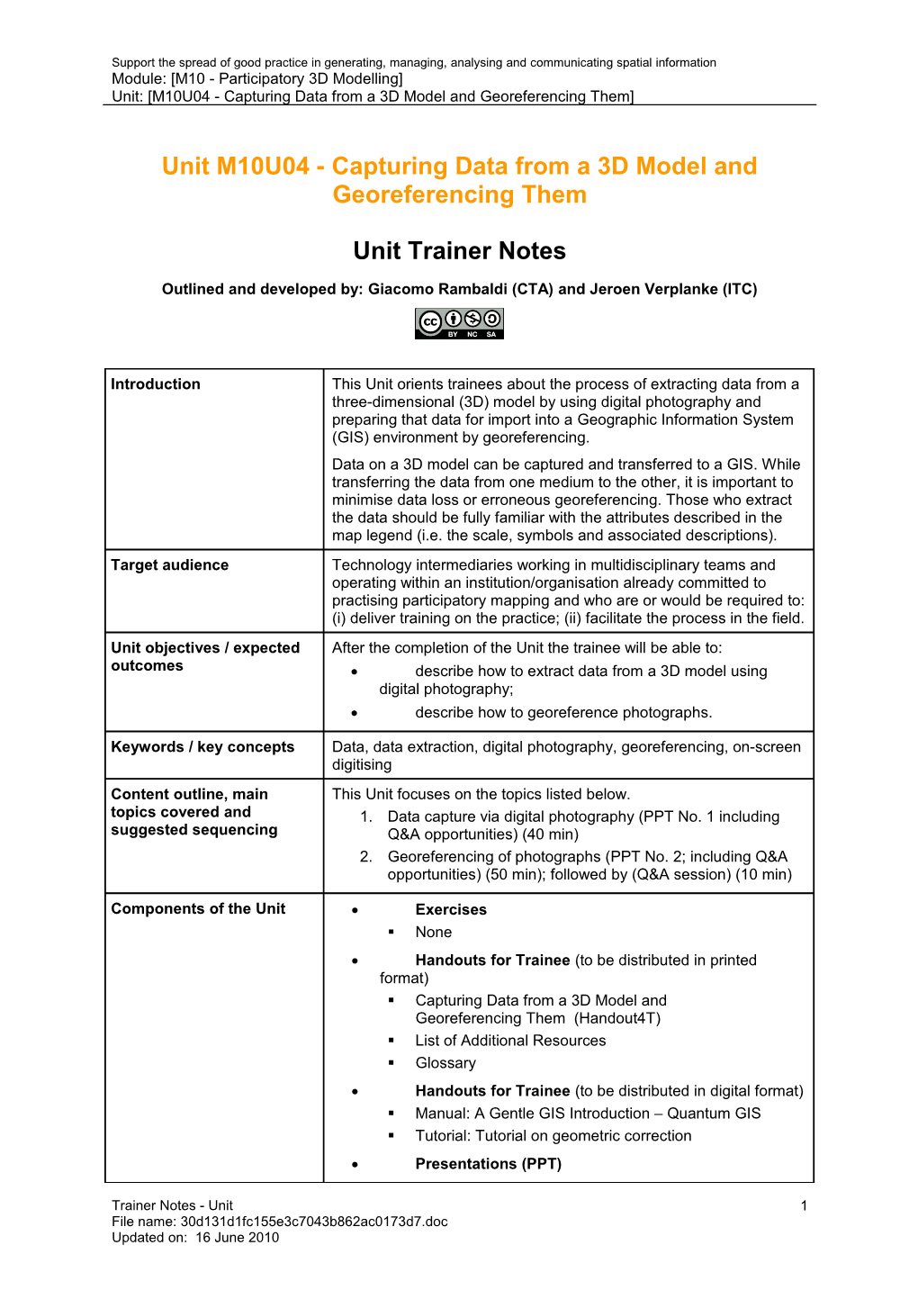 Unit Trainer Notes - Capturing Data from a 3D Model and Georeferencing Them