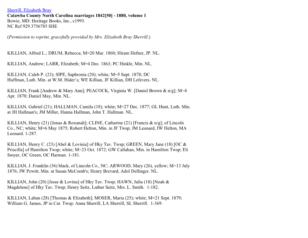 Catawba County Marriages 1842 50 -1880