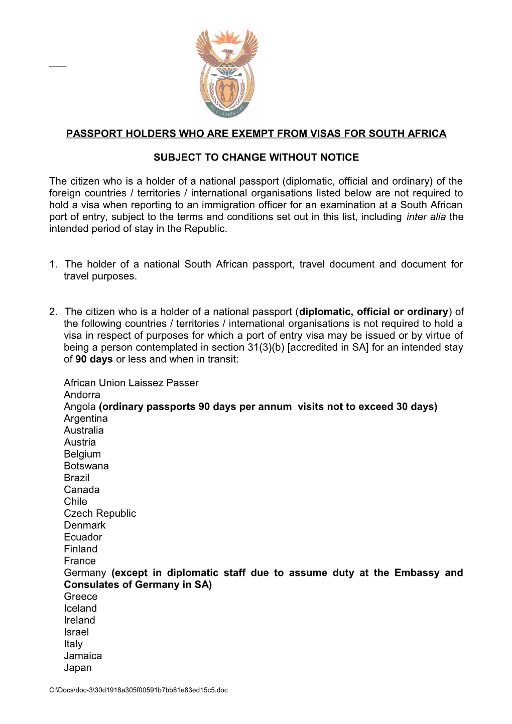 Passport Holders Who Are Exempt from Visas for South Africa