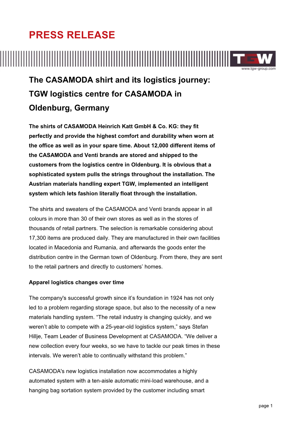 The CASAMODA Shirt and Its Logistics Journey: TGW Logistics Centre for CASAMODA in Oldenburg