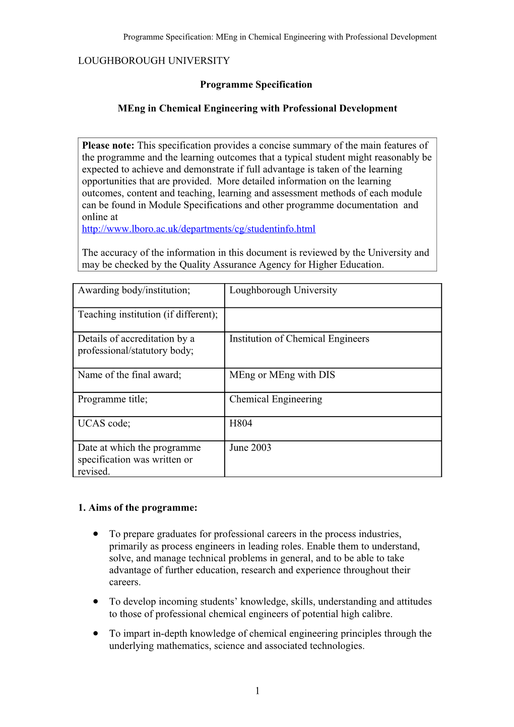 Programme Specification: Meng in Chemical Engineering with Professional Development