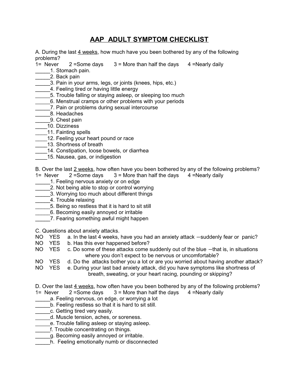 Aap Adult Symptom Checklist