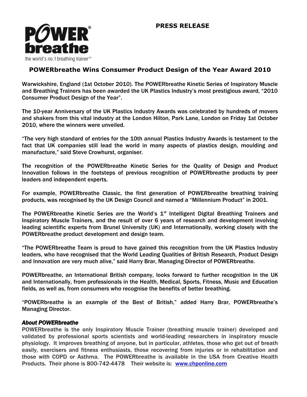 Powerbreathe Wins Consumer Product Design of the Year Award 2010