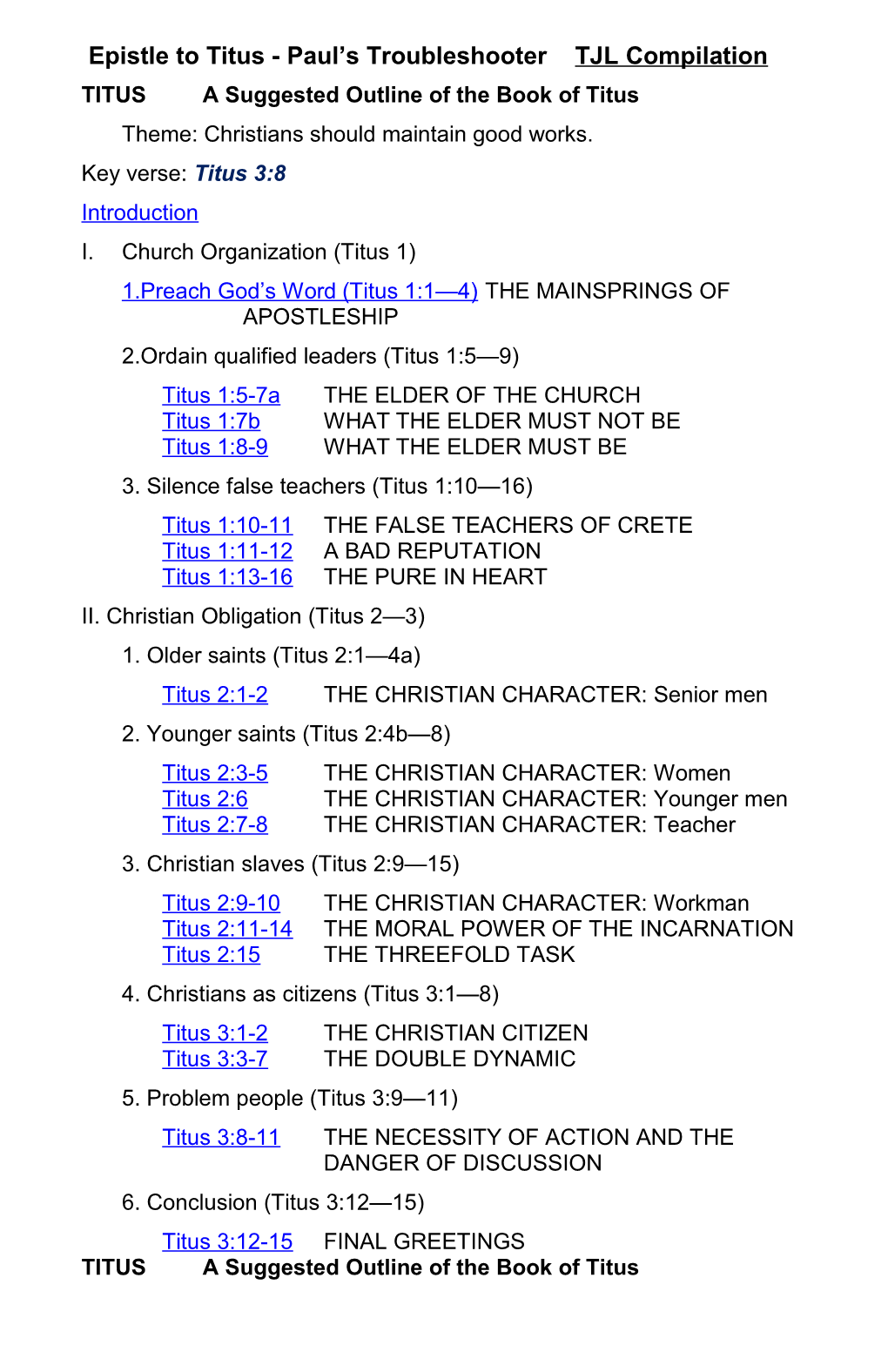 TITUS a Suggested Outline of the Book of Titus