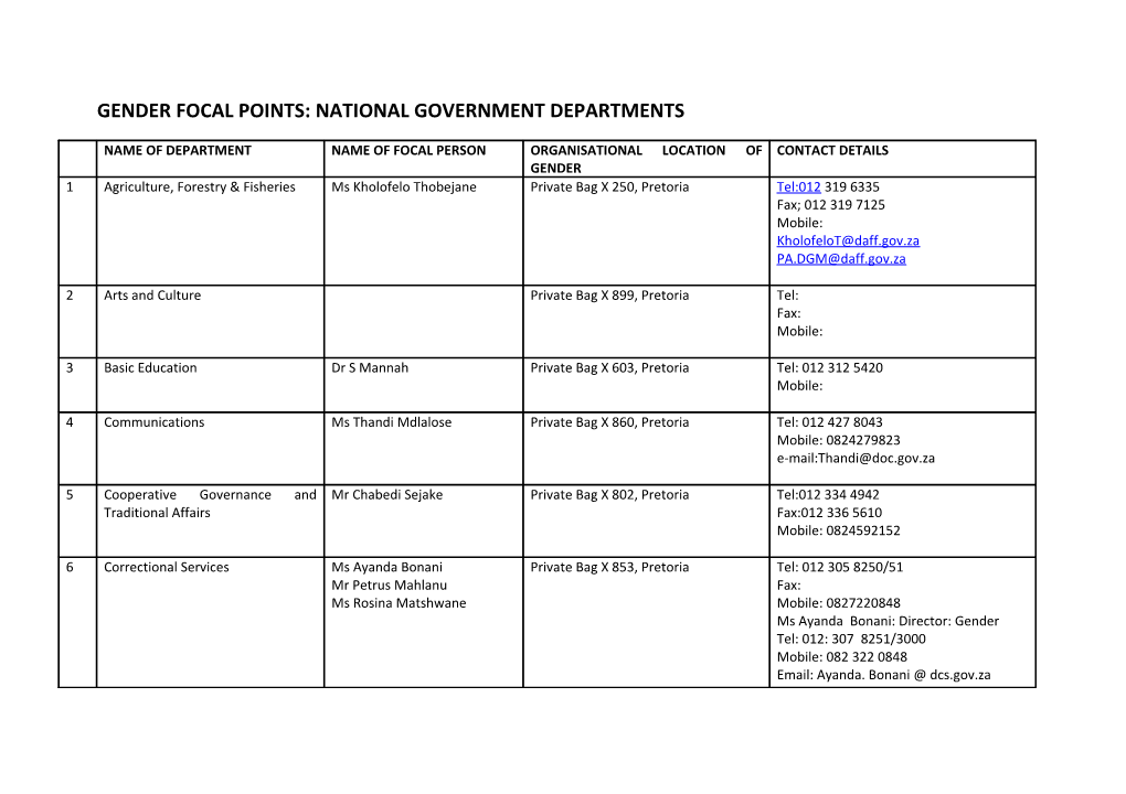 Gender Focal Points: National Government Departments