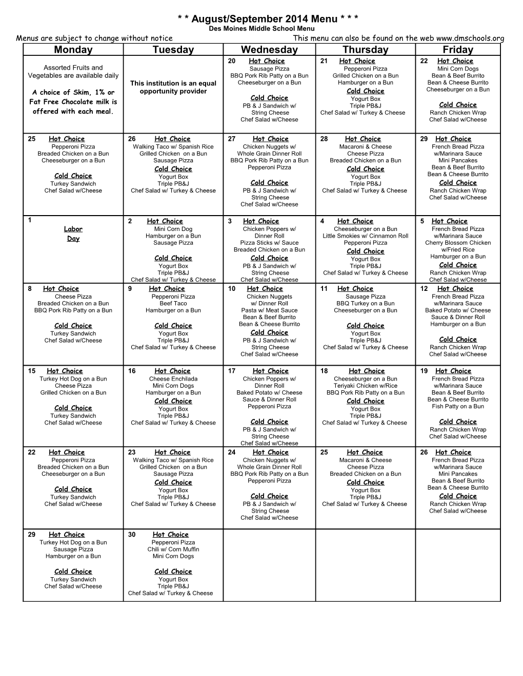 Des Moinesmiddle School Menu