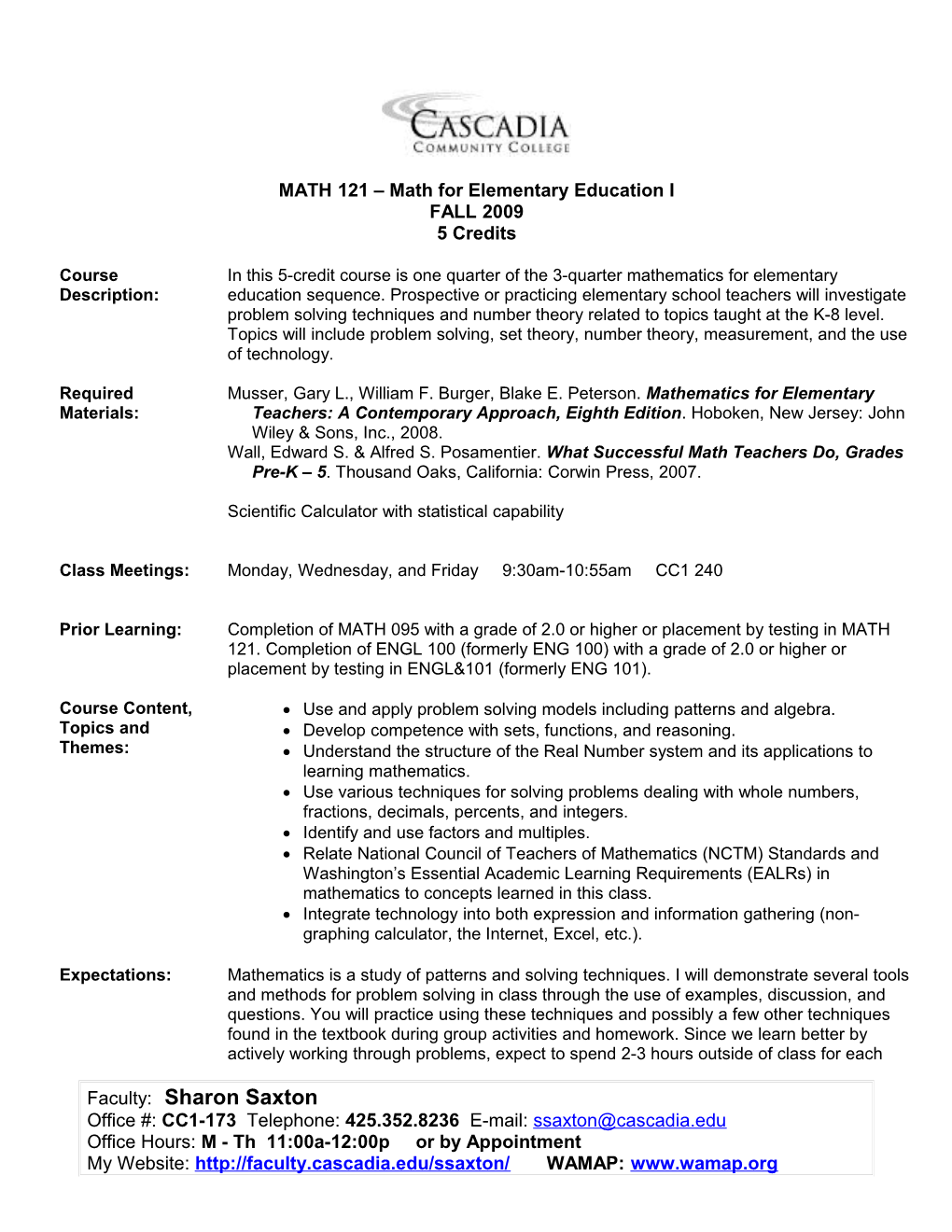 MATH 121 Math for Elementary Education I Page 1