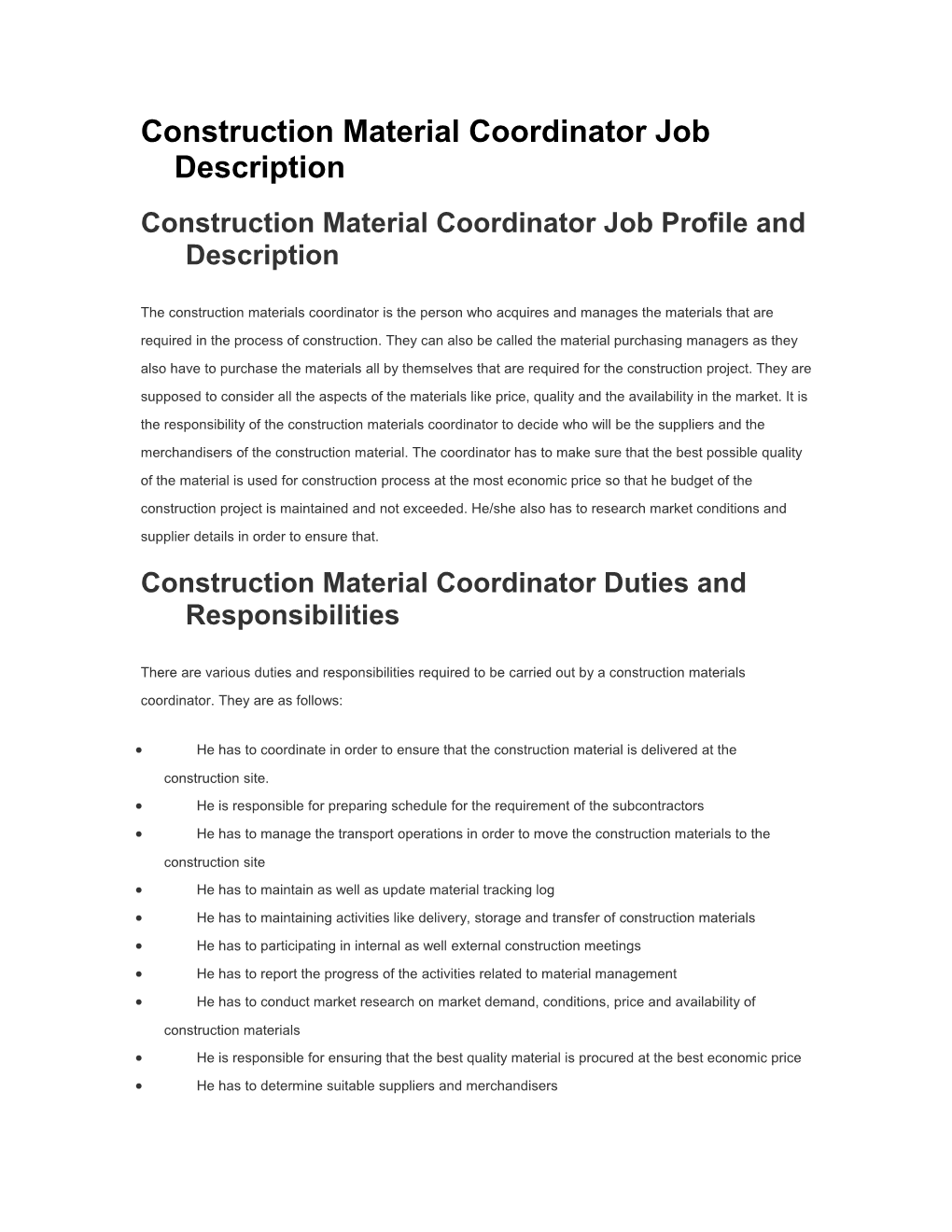 Construction Material Coordinator Job Description