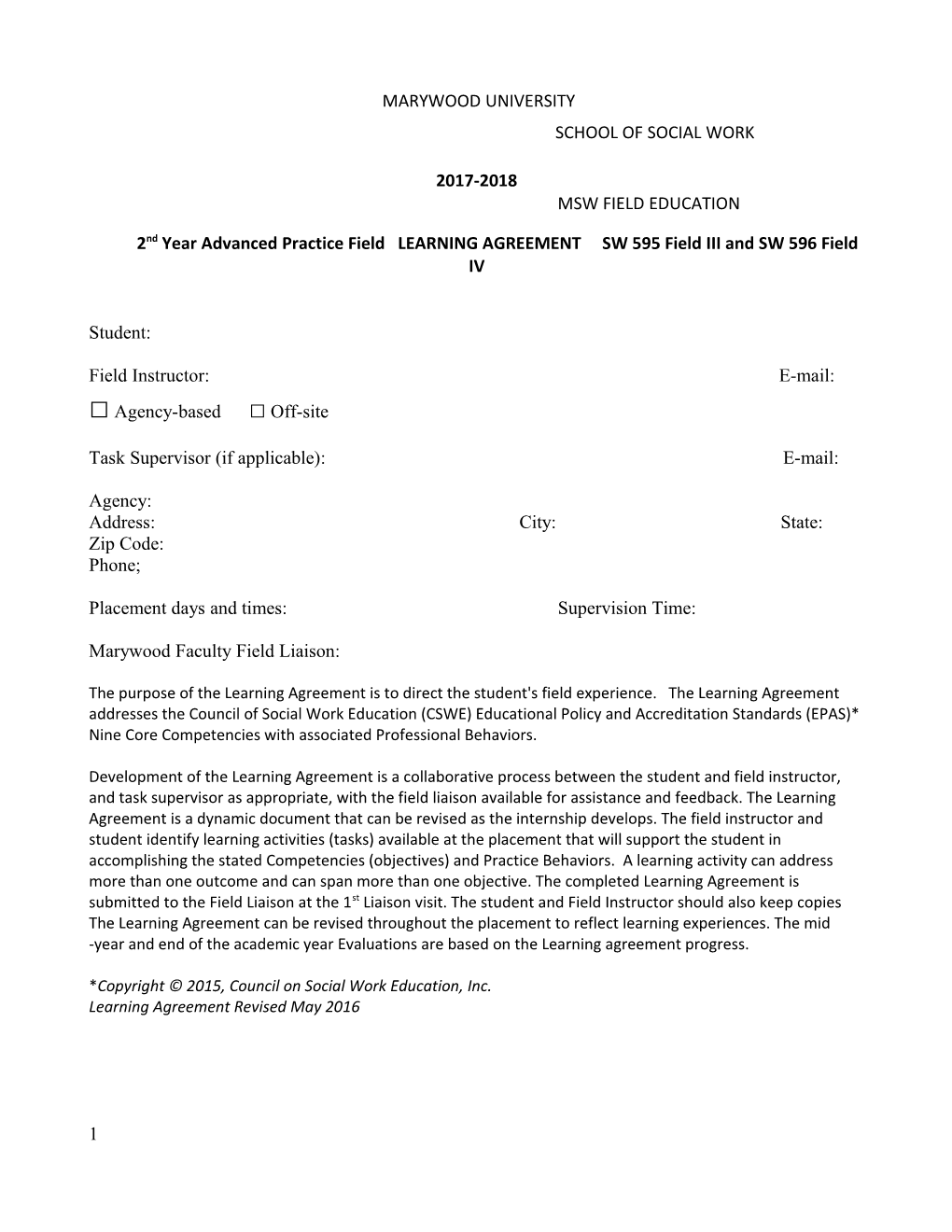 2Ndyearadvanced Practicefield LEARNING AGREEMENT SW 595 Field III and SW 596 Field IV