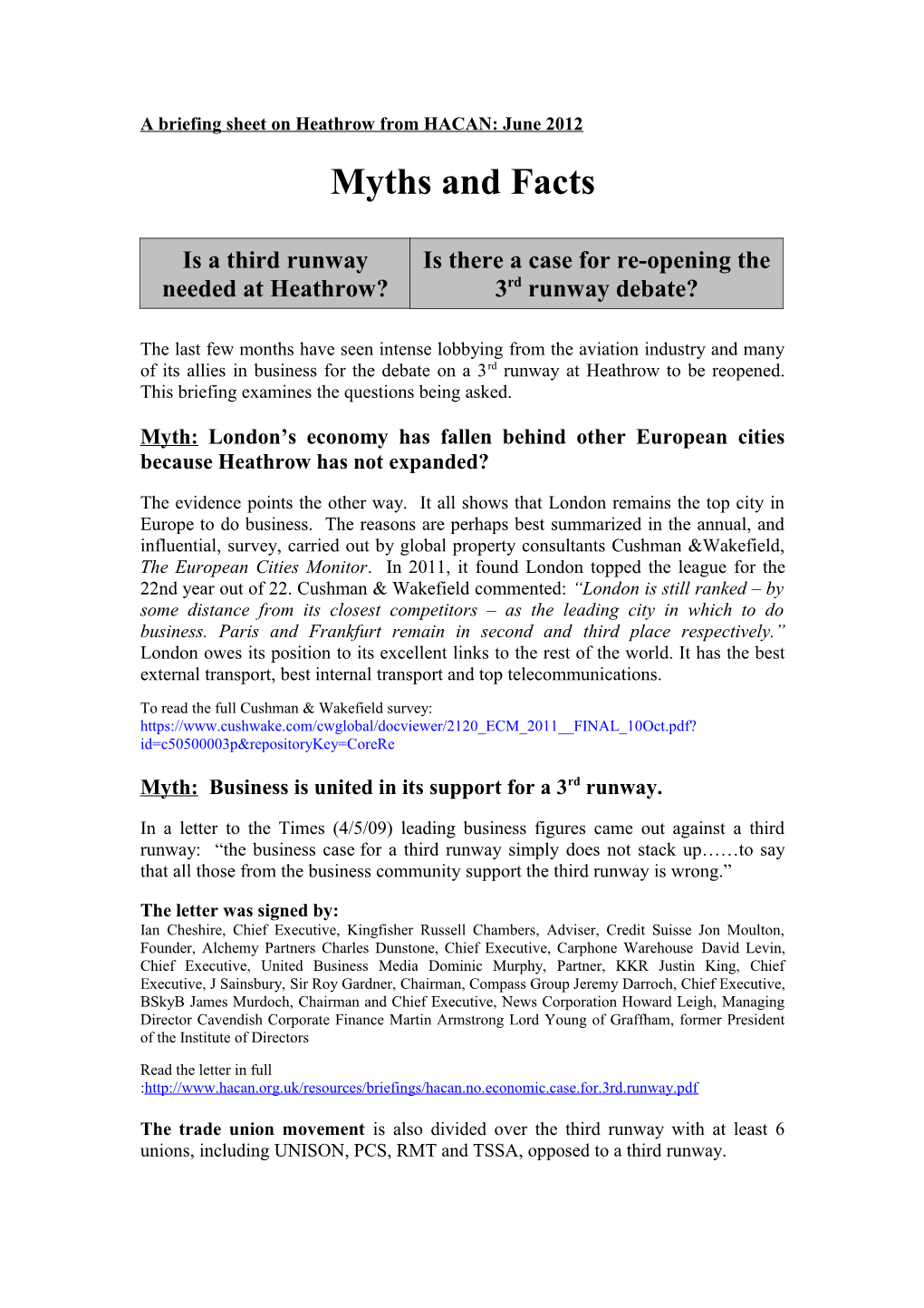 A Briefing Sheet on Heathrow from HACAN: June 2012