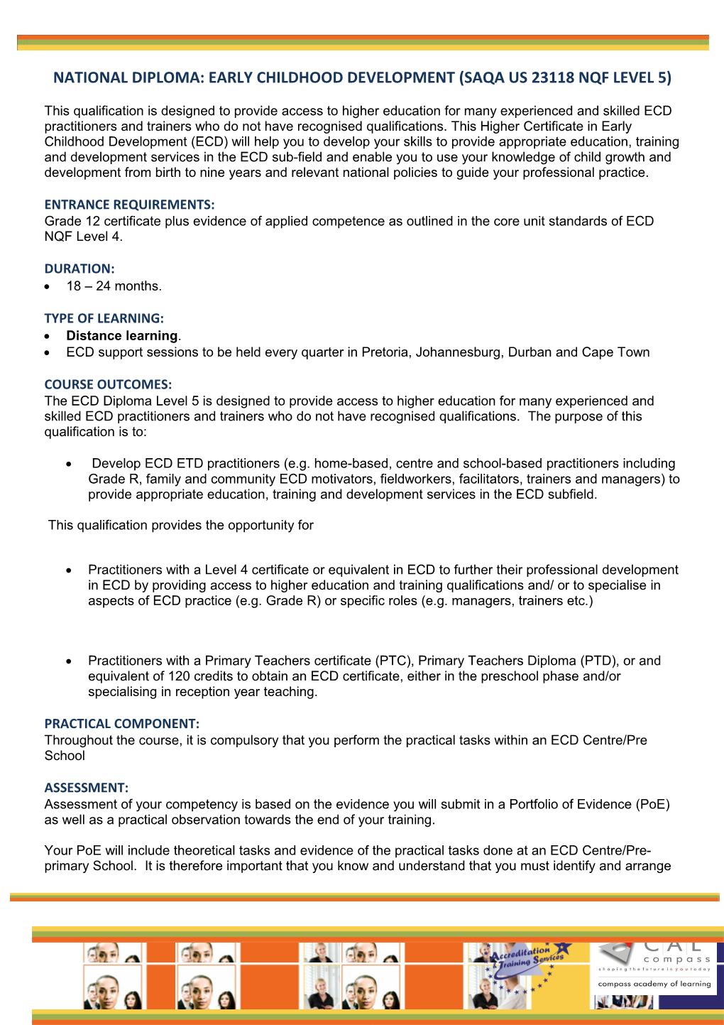 National Diploma: Early Childhood Development (Saqa Us 23118 Nqf Level 5)