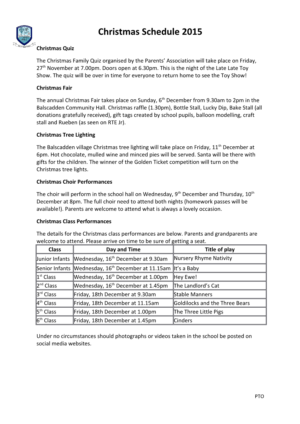 Christmas Schedule 2015