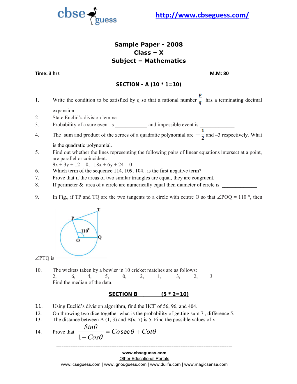 Sample Paper - 2008 Class X Subject Mathematics