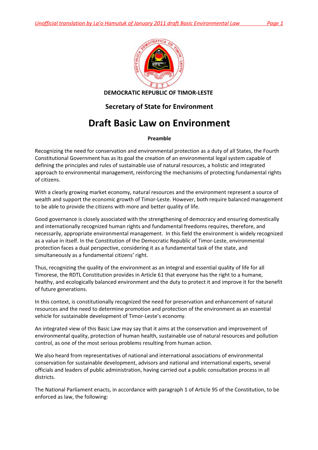 Draft Basic Environmental Law