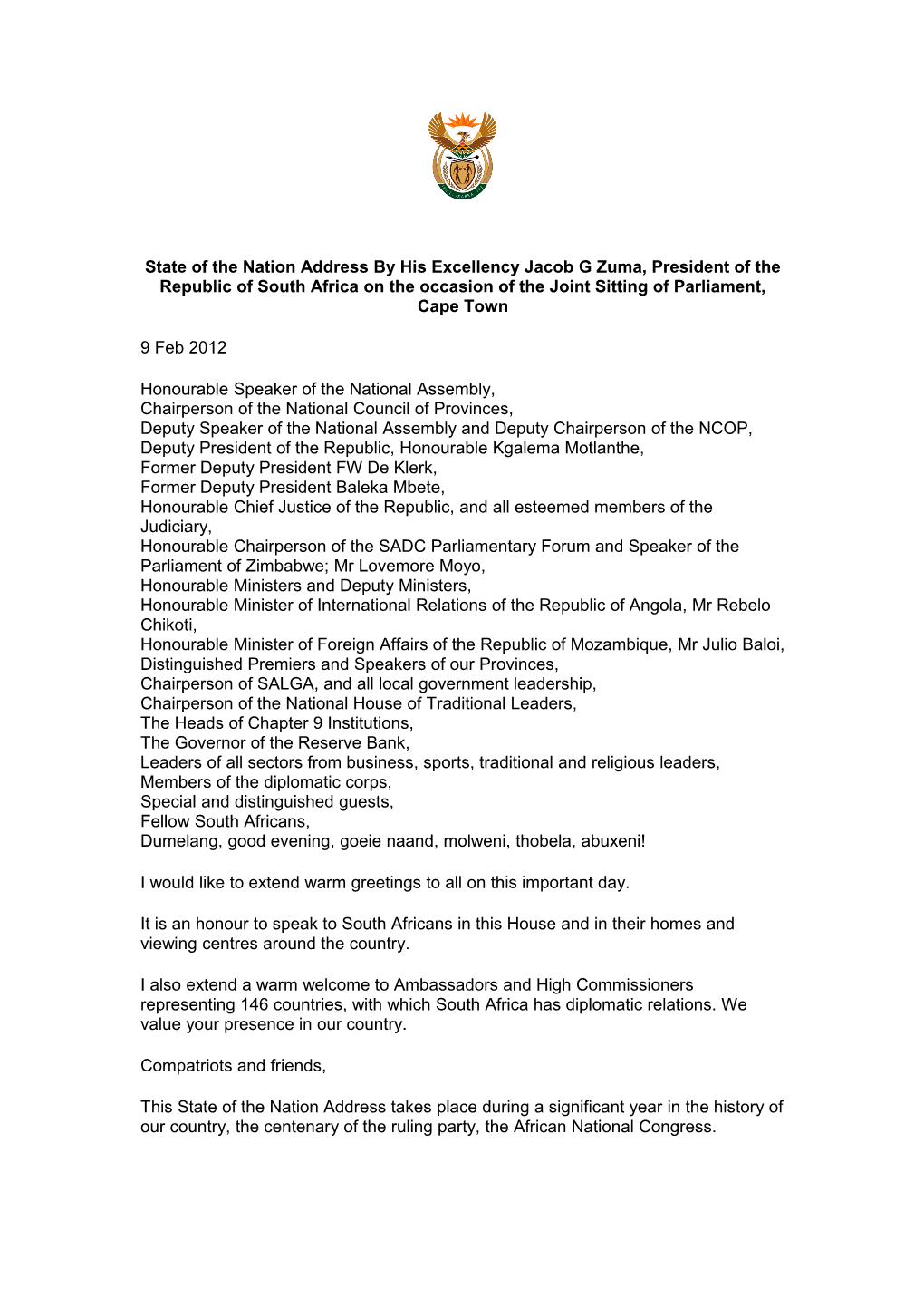 State of the Nation Address 2012 by President Jacob Zuma