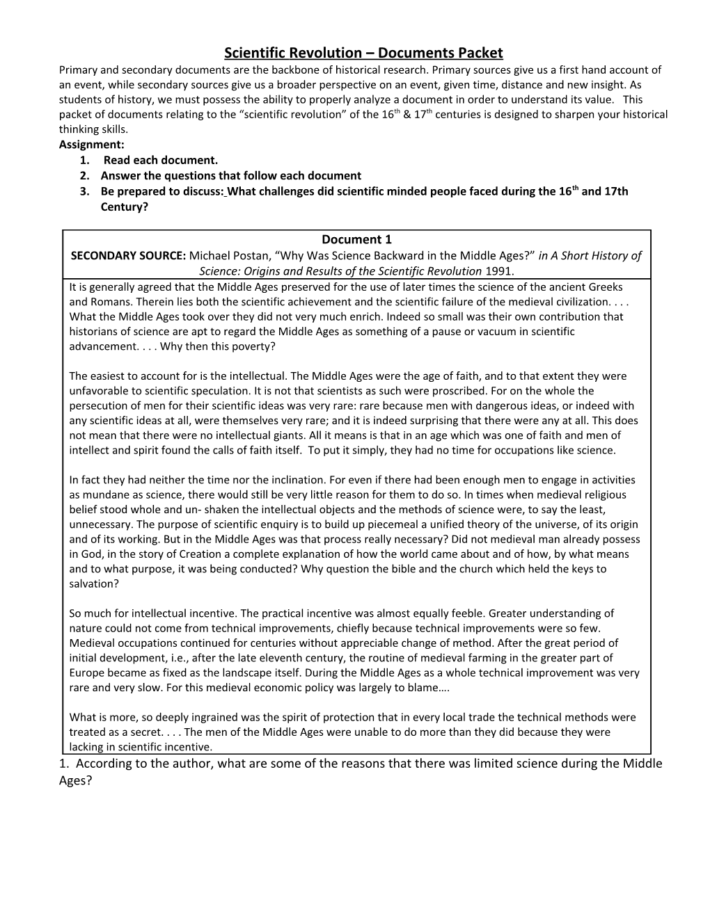 NAME ______ Scientific Revolution Document Packet #1