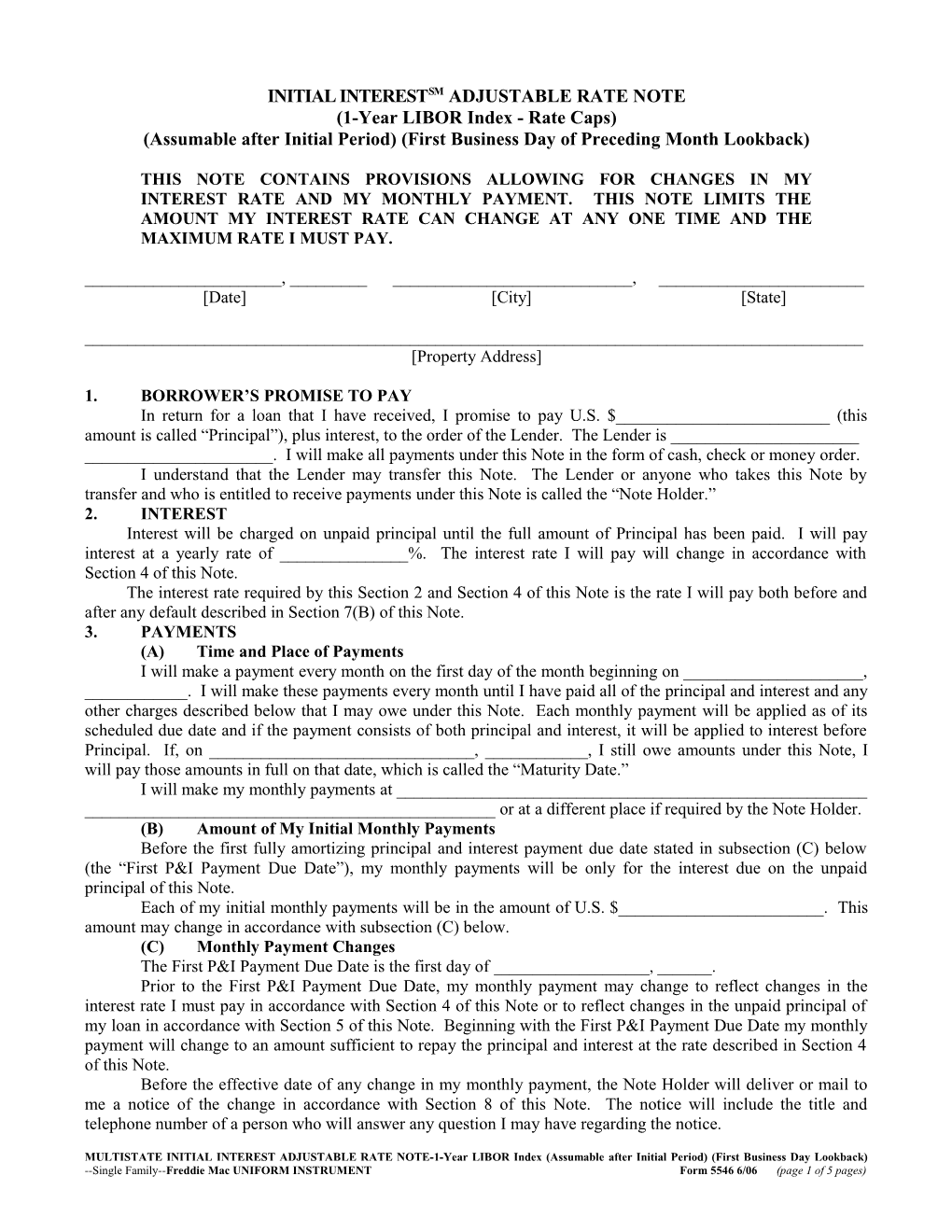 Multistate Initial Interest Adjustable Rate Note (1-Year LIBOR)(Assumable AIP)(First Business