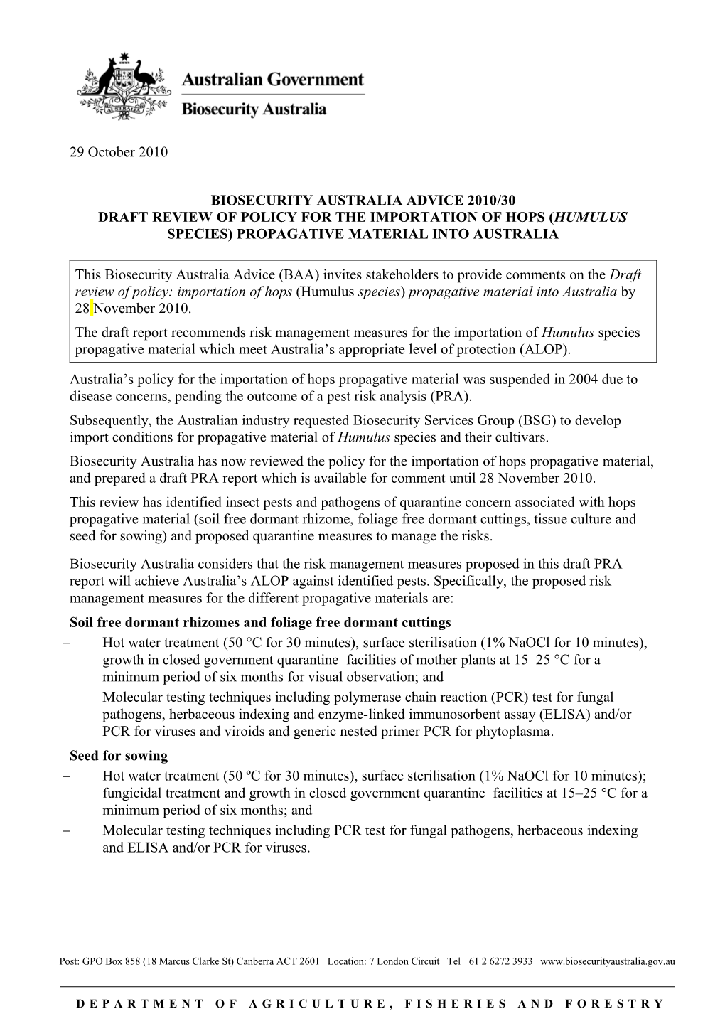 Biosecurity Australia Advice 2010/30