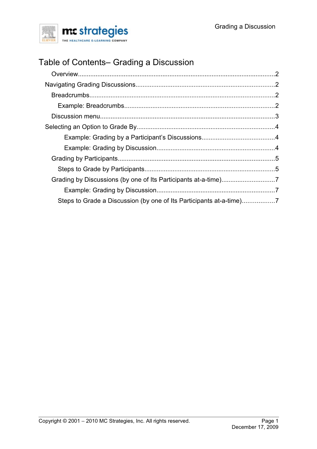 Table of Contents Grading a Discussion