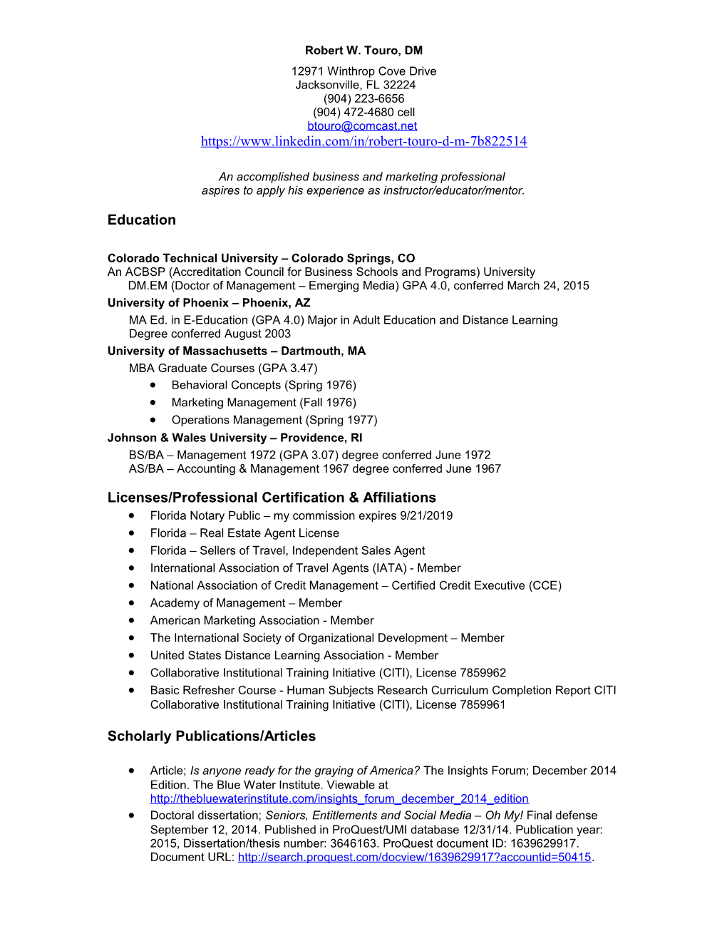 Curriculum Vitae: Dr. Robert W. Touro Page 1 of 7