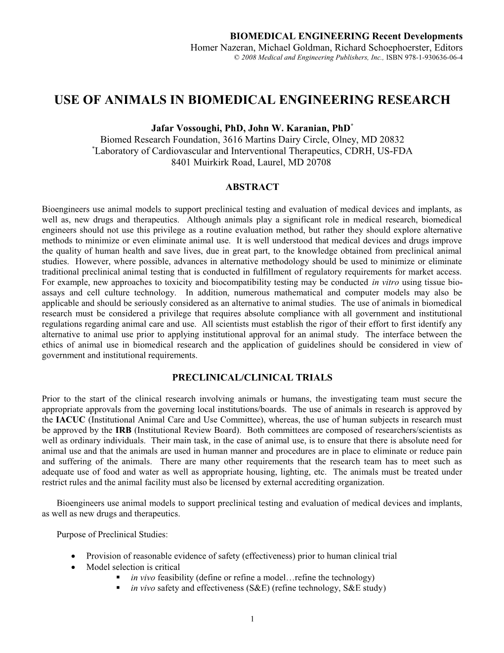 Use of Animals in Biomedical Engineering Research