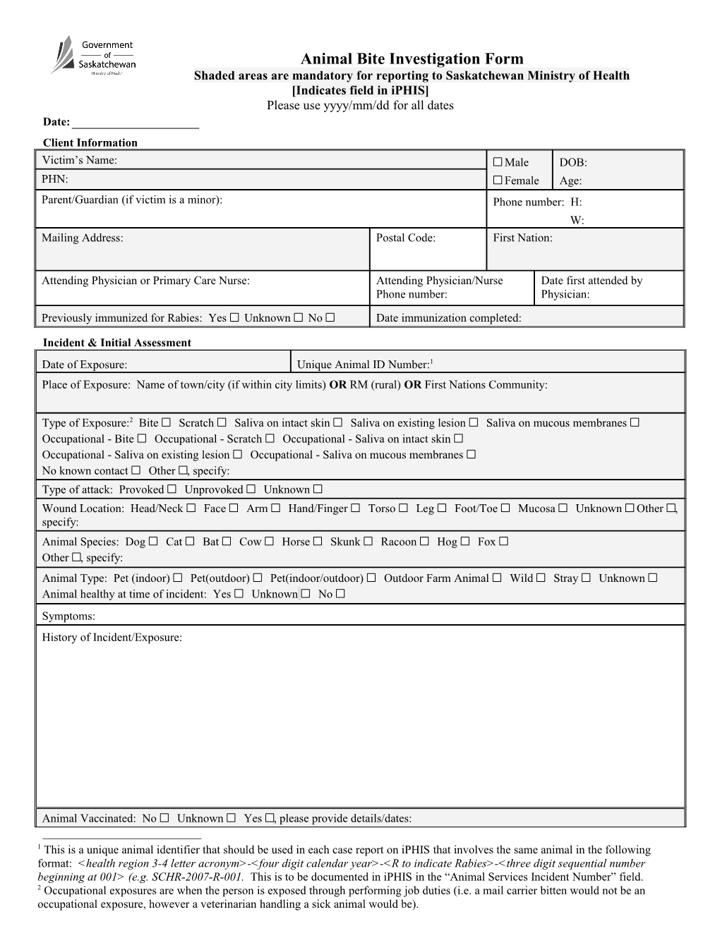 Animal Bite Investigation Form